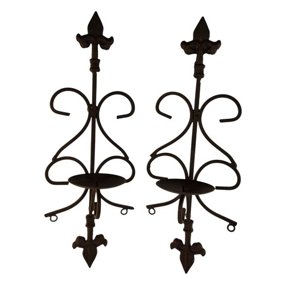 Wrought Iron Fleur-De-Lis Wall Sconces Set Of 2 Candle Holders Decorative Accent - Picture 2 of 8